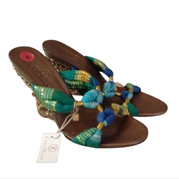 NEW Cole Haan Gemstone Embellished Gold Wedge Sandal - Picture 6 of 11